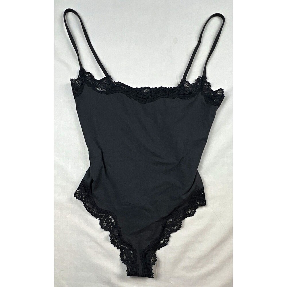 SKIMS Black Lace Trim Bodysuit Wireless Adjustable Straps Small